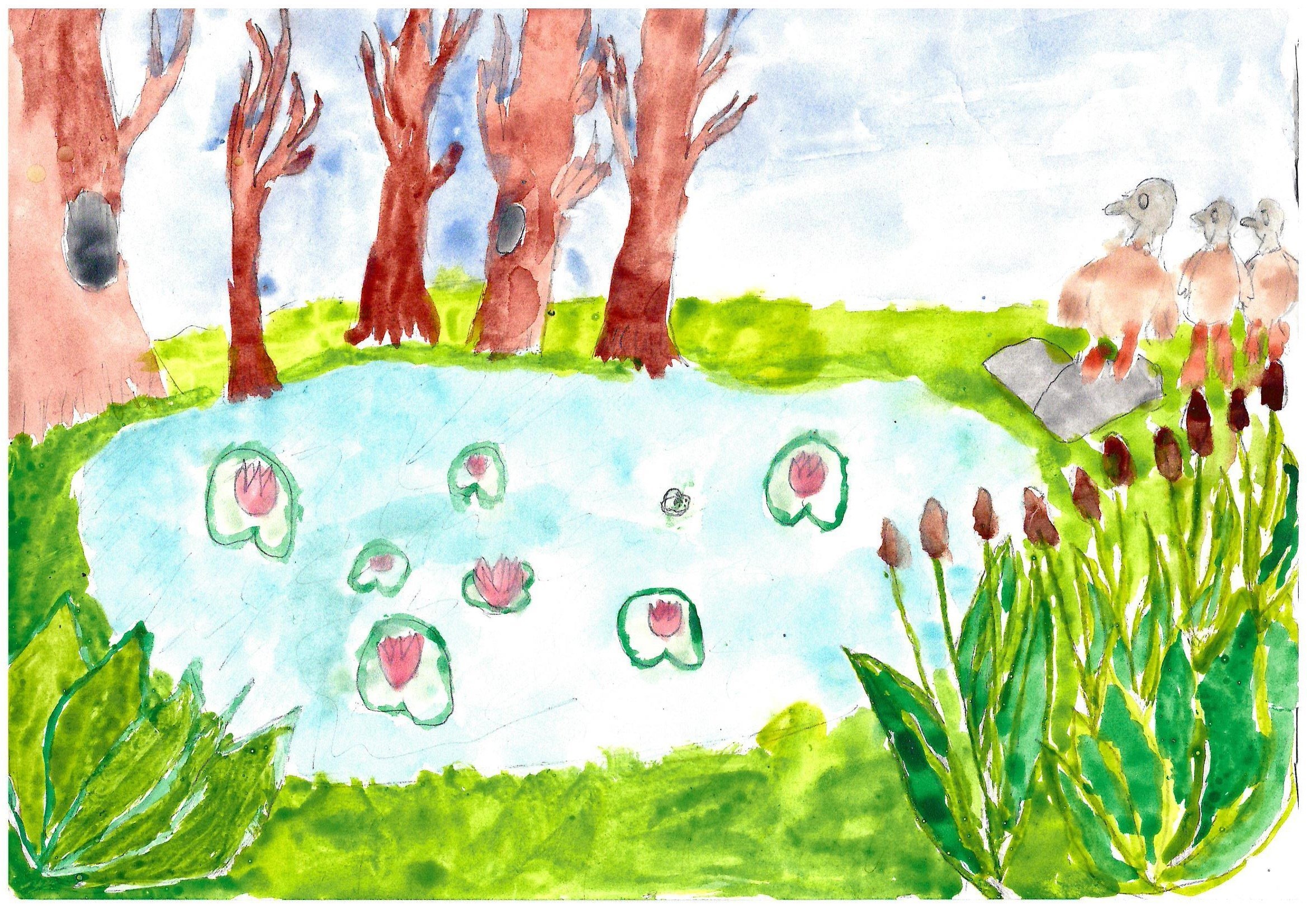 Акварель Маринетт Мортем &quot;Утренний покой у пруда&quot;