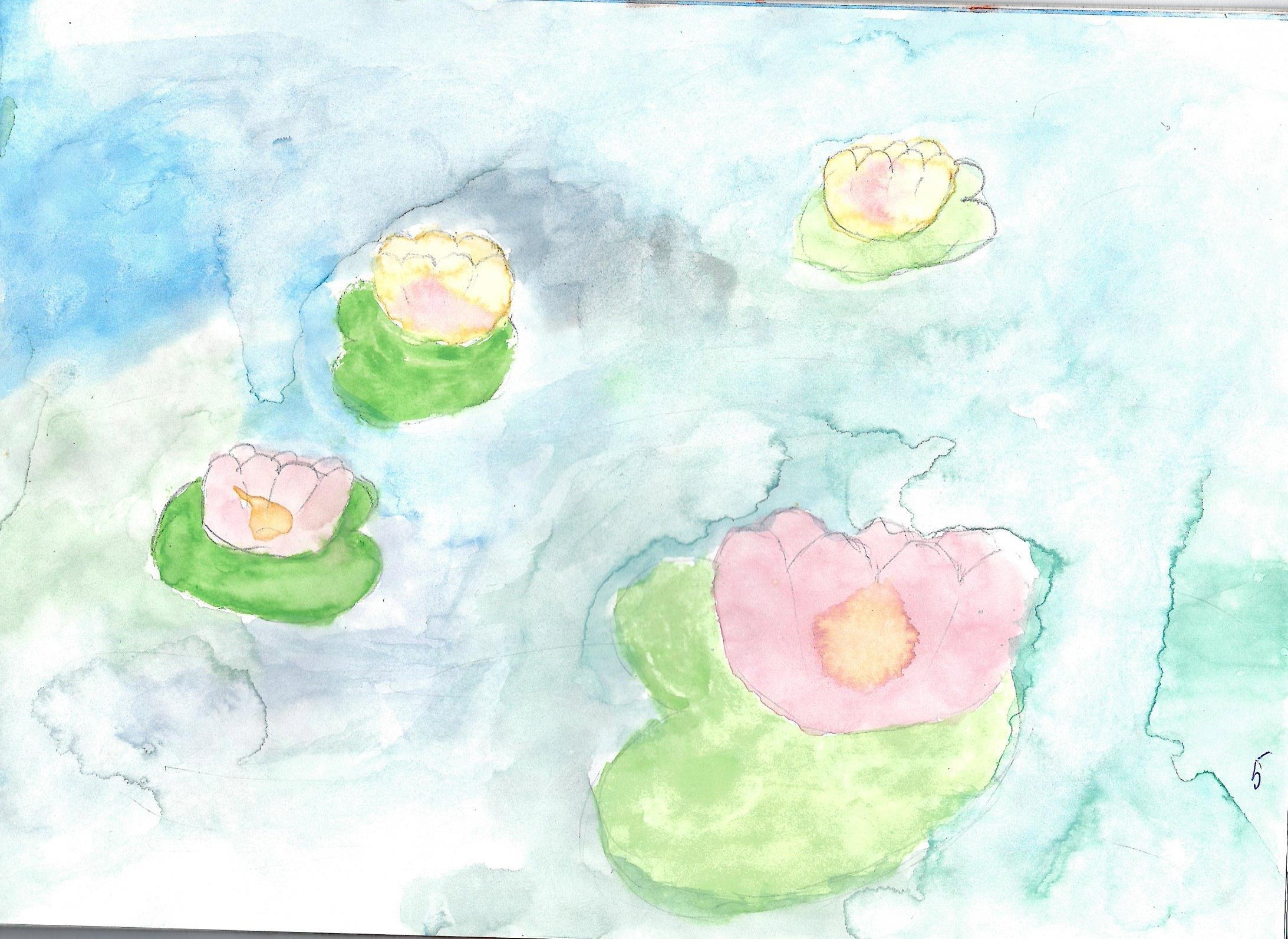 Акварель Маринетт Мортем &#171;Розовые кувшинки на голубой воде&#187;