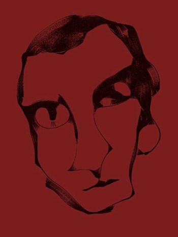 12 лиц на кирпично-красном фоне в новой технике Маринетт Мортем ‘Непрерывный образ’